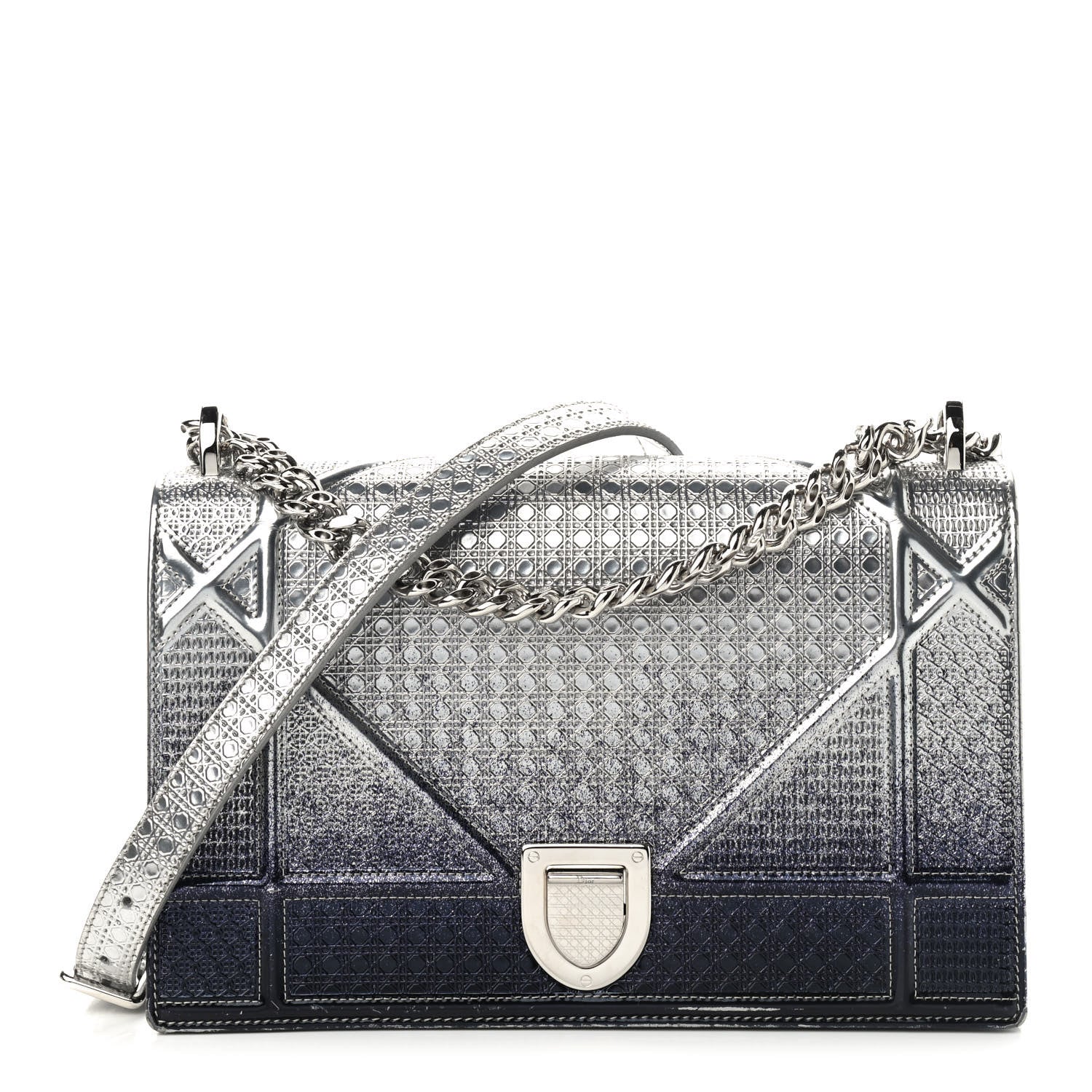 Christian Dior Metallic Patent Micro-Cannage Gradient Medium Diorama Flap Bag Silver Blue 1 of 8