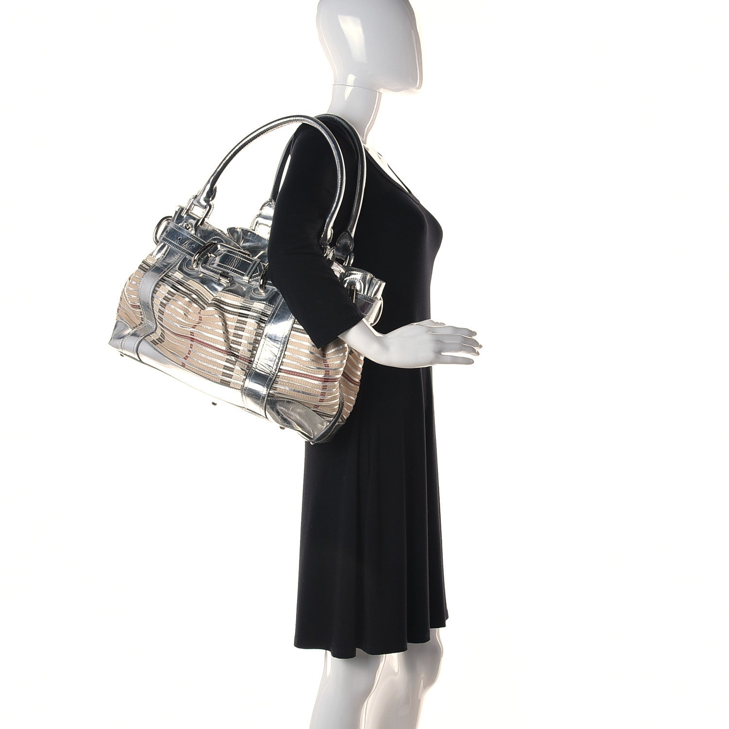 Burberry Metallic Patent House Check Sliced Beaton Tote Silver 2 of 19