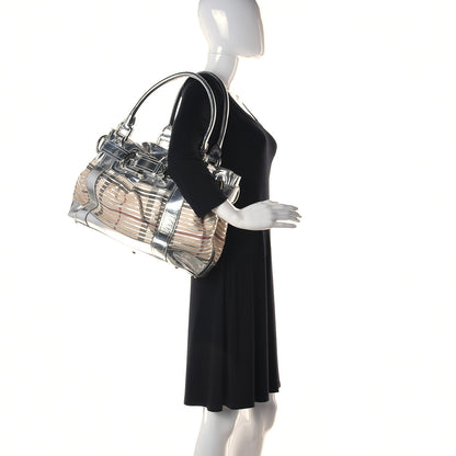 Burberry Metallic Patent House Check Sliced Beaton Tote Silver 2 of 19