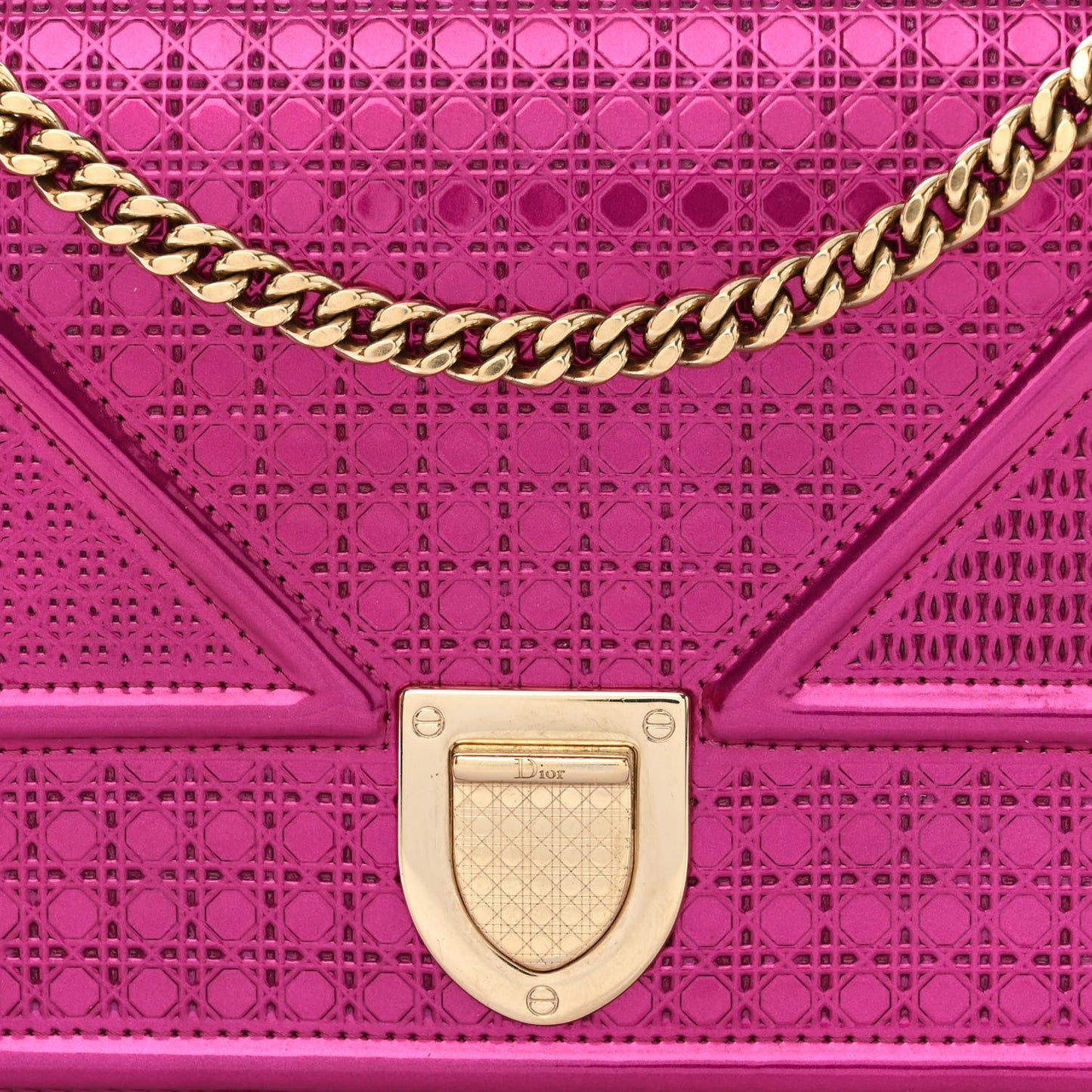 Metallic Patent Micro-Cannage Diorama Wallet on Chain Pouch Fuchsia
