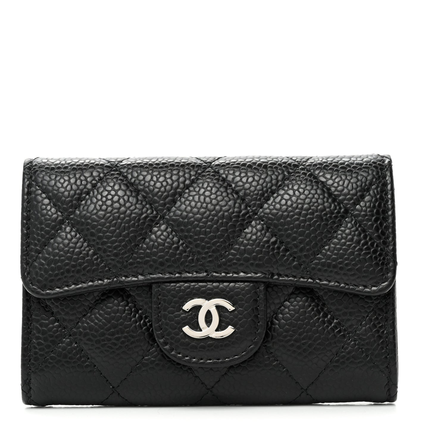 Caviar Quilted Flap Card Holder Wallet Black