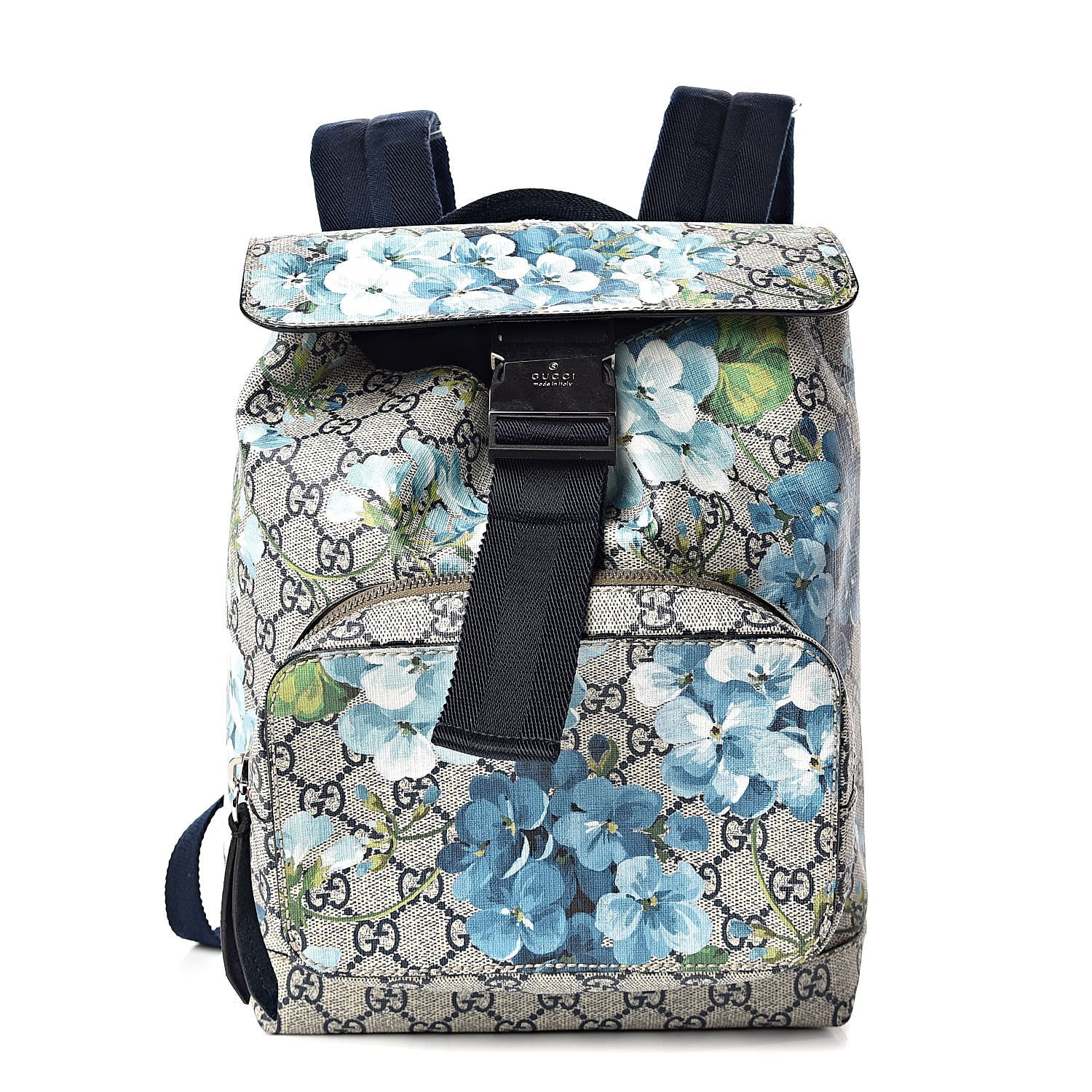 Gucci GG Supreme Monogram Blooms Small Single Buckle Backpack Beige Blue Navy 1 of 9