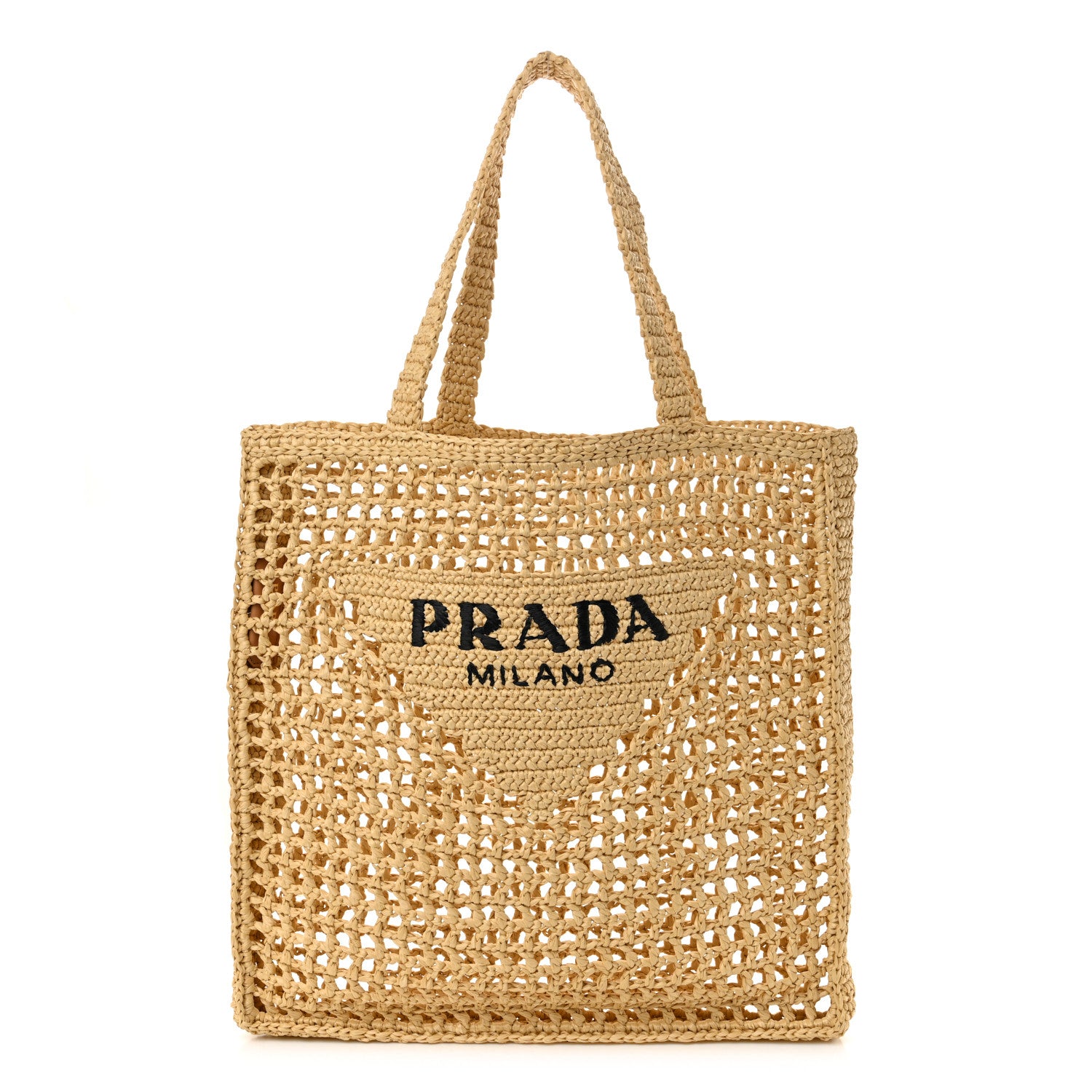 Prada Yarn Raffia Effect Crochet Logo Embroidered Tote Bag Naturale 1 of 9