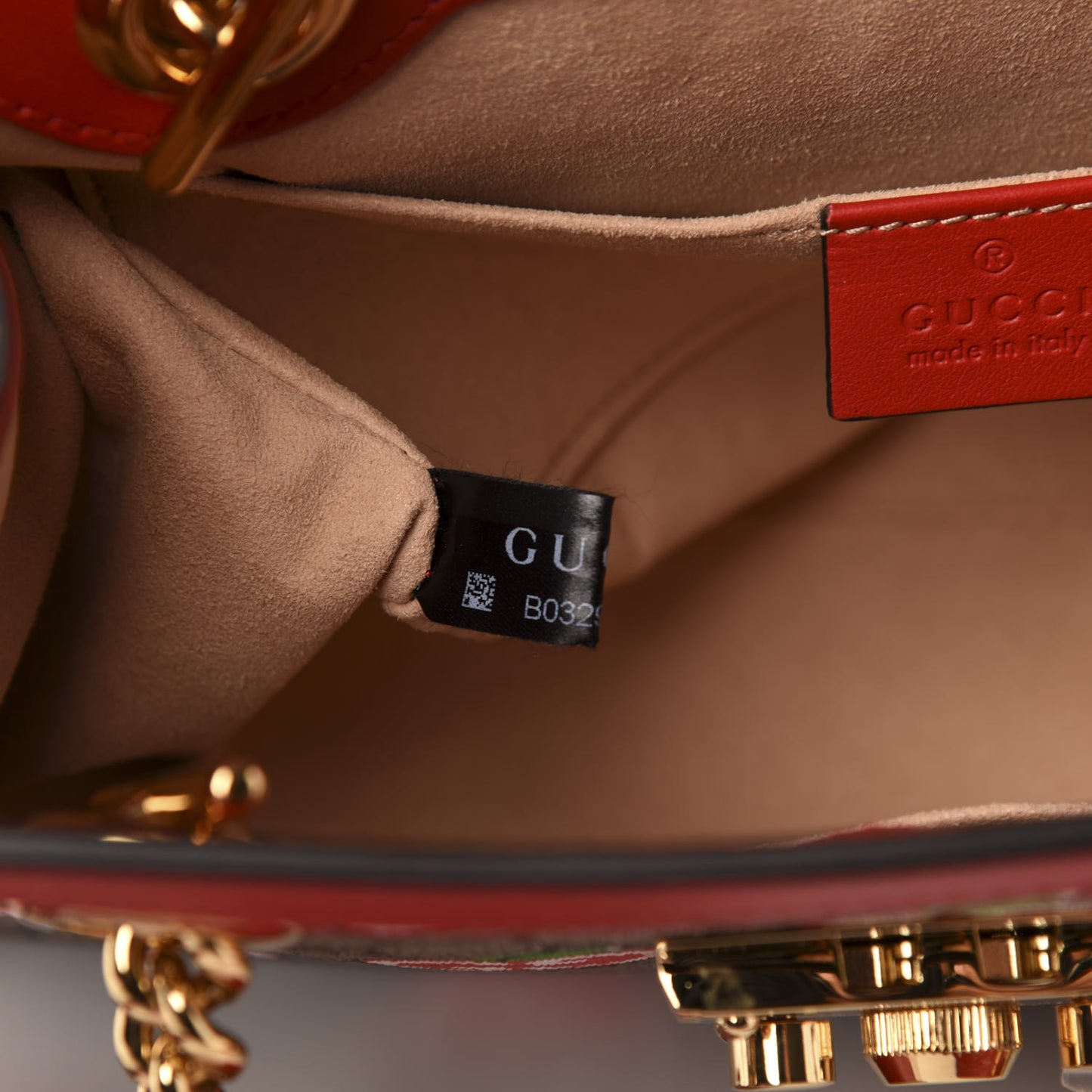 GG Supreme Monogram Apple Small Padlock Tote Beige Multicolor Lobster Red
