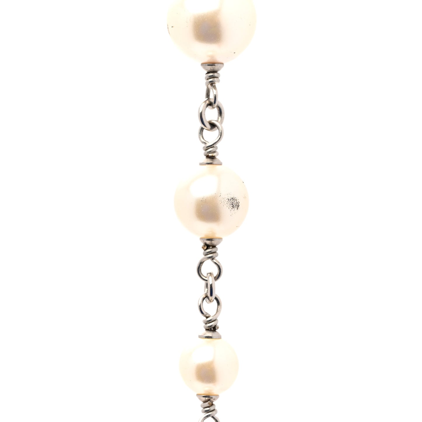 Graduated Pearl Crystal CC Long Necklace Silver