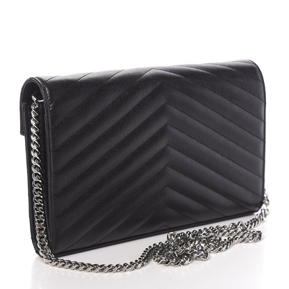 Saint Laurent Grain De Poudre Matelasse Chevron Monogram Chain Wallet Black 3 of 11