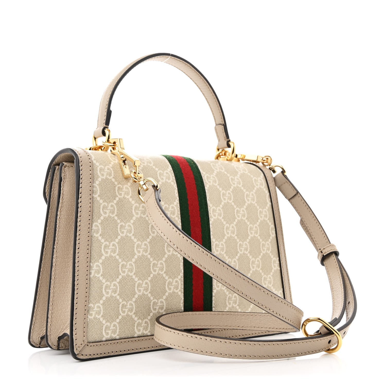 Gucci GG Supreme Monogram Textured Dollar Calfskin Web Small Ophidia Padlock Top Handle Bag Beige Mystic White Oatmeal 3 of 10