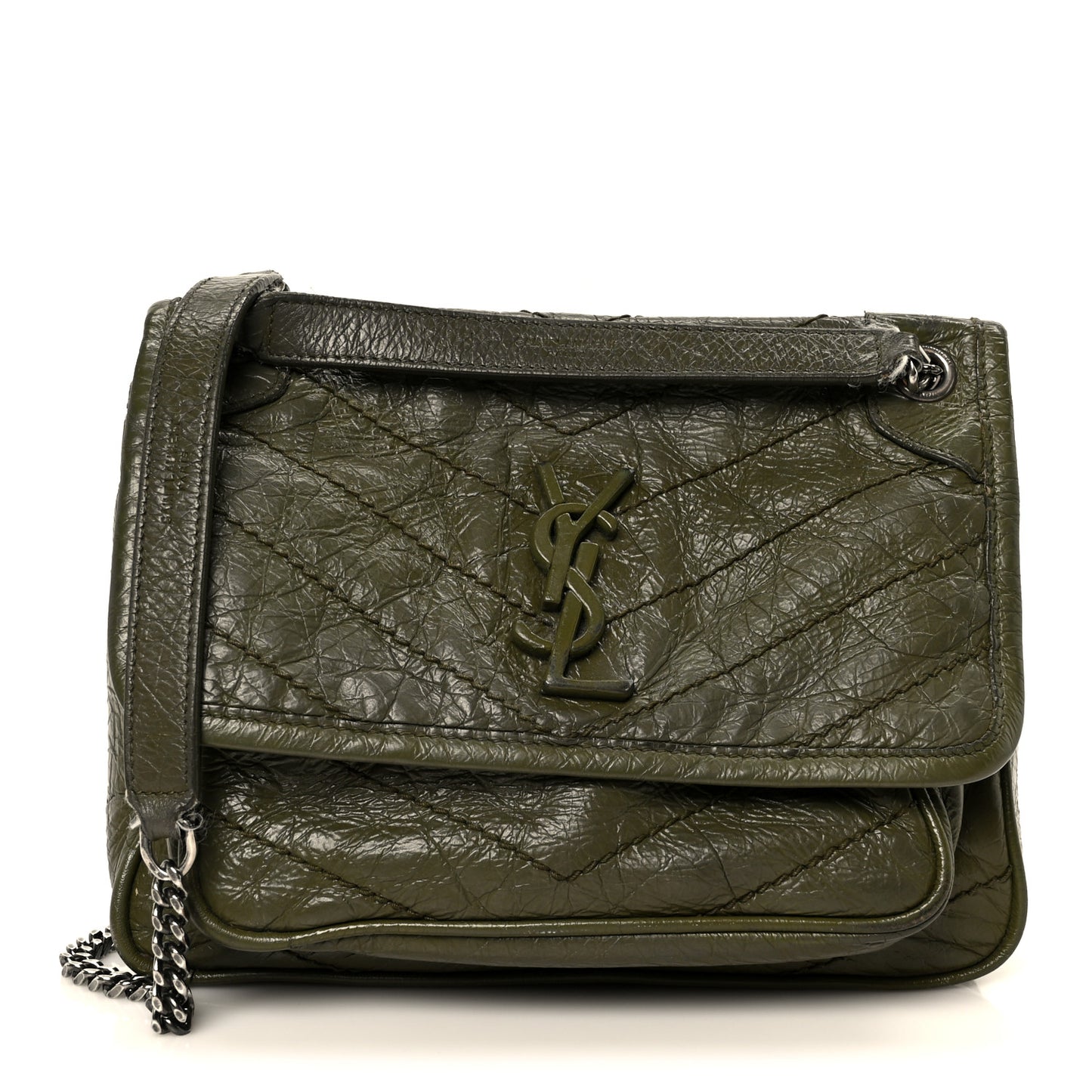 Crinkled Lambskin Matelasse Monogram Baby Niki Chain Satchel Seawood