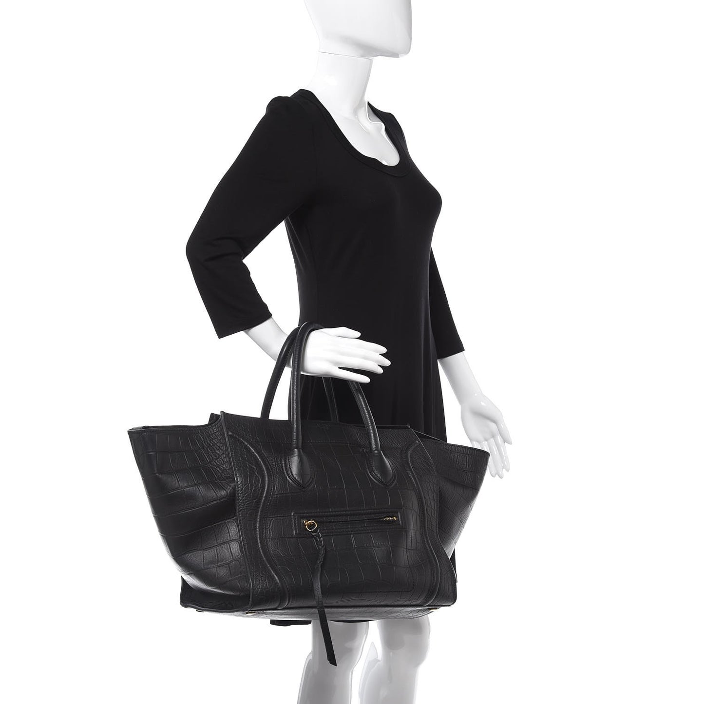 Crocodile Embossed CELINE Calfskin Crocodile Embossed Medium Phantom Luggage Black Medium Phantom Luggage Black
