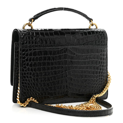 Saint Laurent Calfskin Crocodile Embossed Monogram Sunset Top Handle Chain Wallet Black 3 of 9