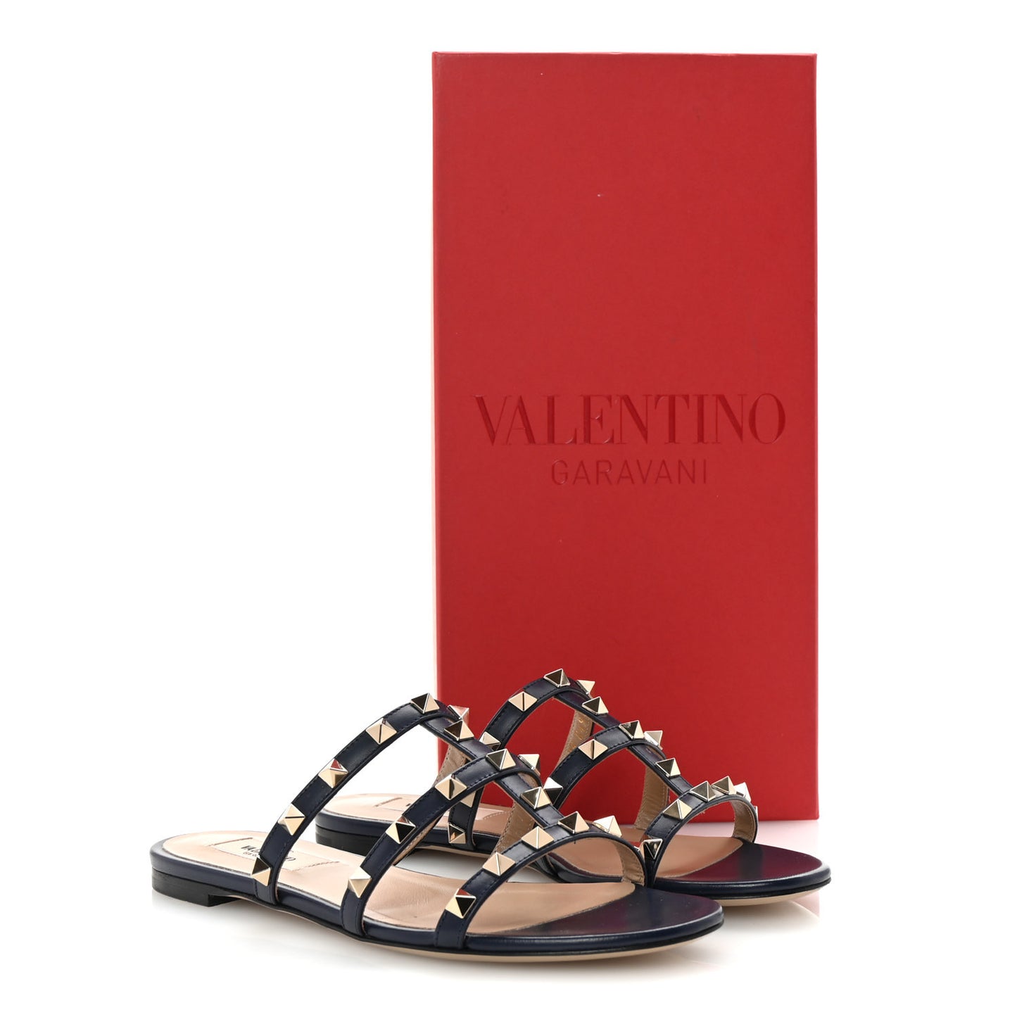 Nappa Rockstud Caged Flat Slide Sandals 35 Marine