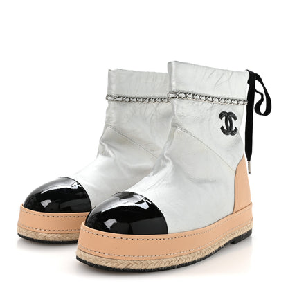 Chanel Lambskin Patent Cap Toe CC Chain Espadrille Boots 40 Silver Black Beige 4 of 9