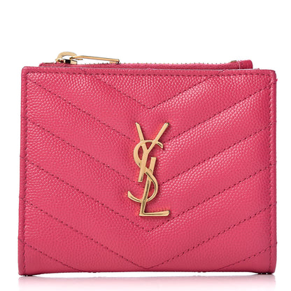 Saint Laurent Grain De Poudre Matelasse Chevron Monogram Zipped Card Case Fresh Fuxia 1 of 8