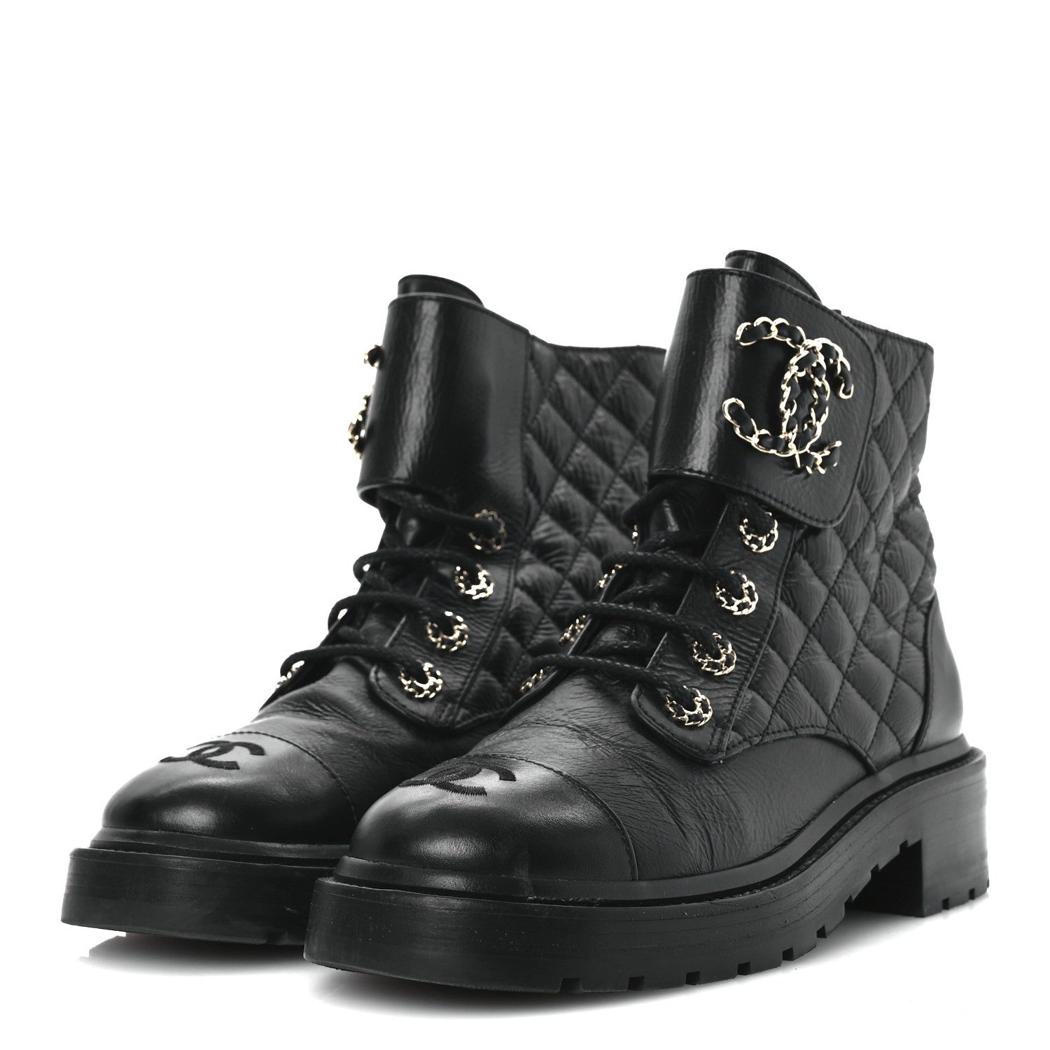 Chanel Shiny Goatskin Calfskin Quilted Lace Up Combat Boots 37 Black 4 of 11