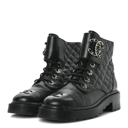 Chanel Shiny Goatskin Calfskin Quilted Lace Up Combat Boots 37 Black 4 of 11
