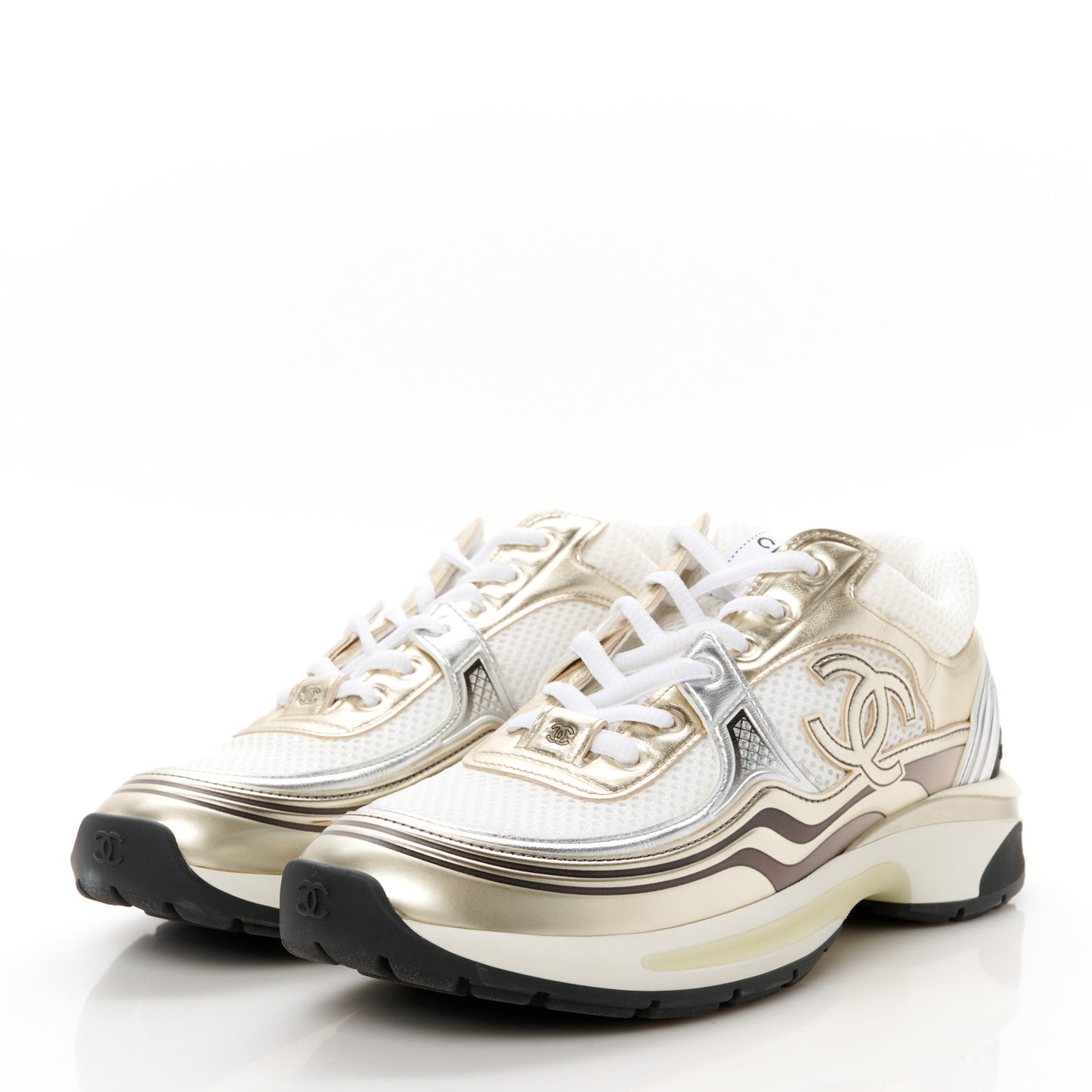Fabric Laminated Calfskin Stretch CC Womens Sneakers 39.5 White Gold Silver