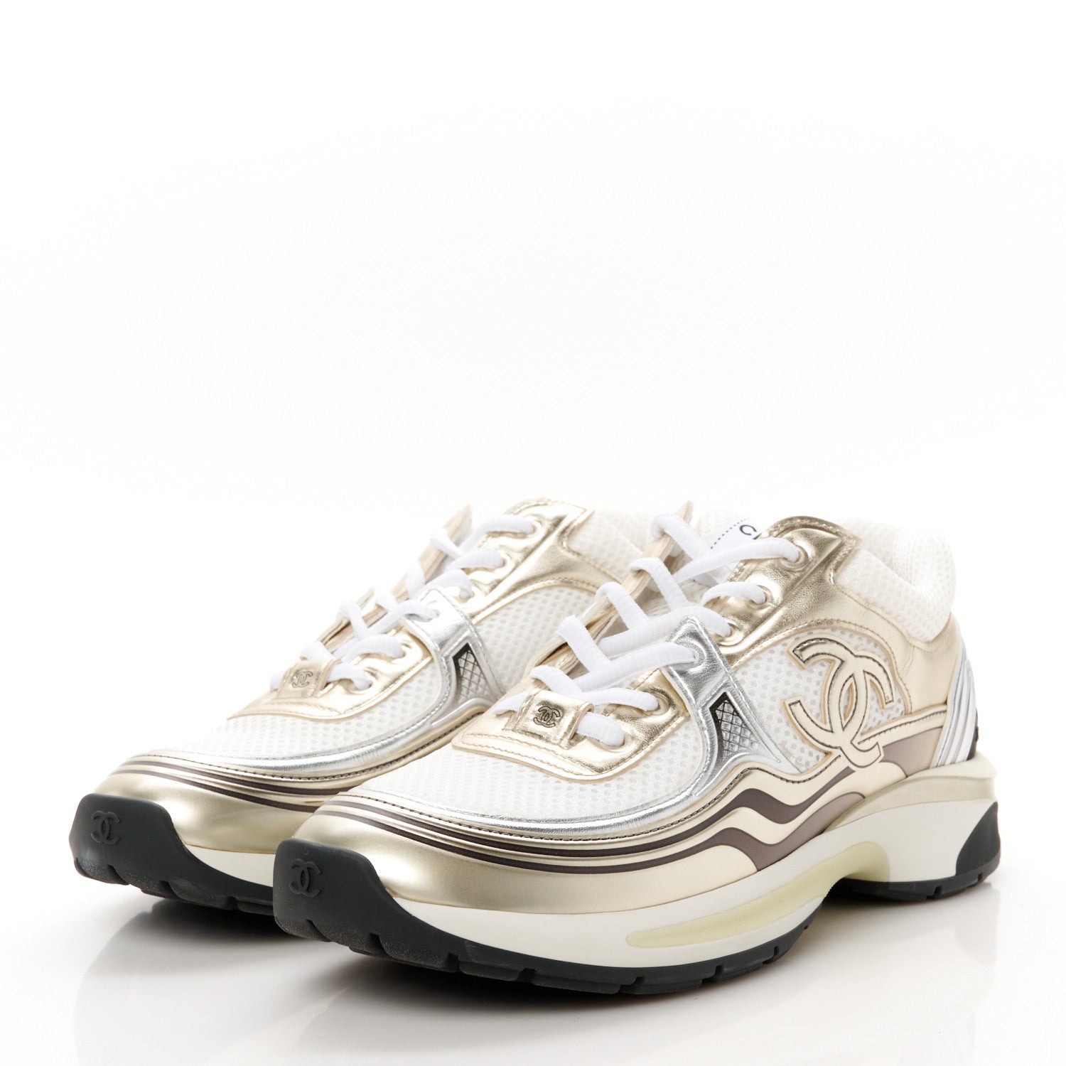 Chanel Fabric Laminated Calfskin Stretch CC Womens Sneakers 39.5 White Gold Silver 4 of 9