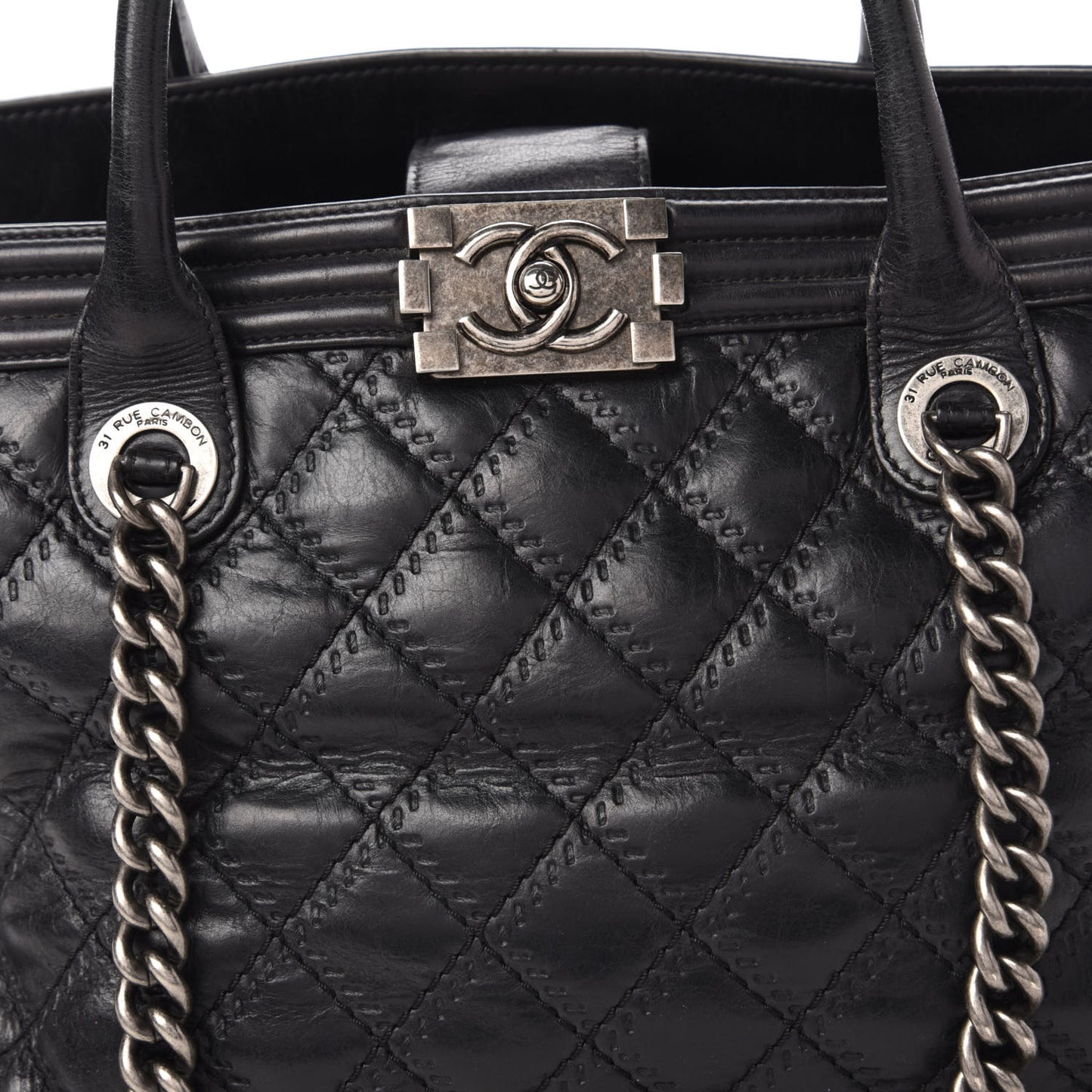 Calfskin Quilted Double Stitch Large Boy Tote Black