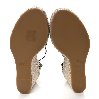 Valentino Garavani Grained Calfskin Rockstud Ankle Strap Espadrille 15/105mm Wedge Sandals 38 Poudre Black 5 of 10