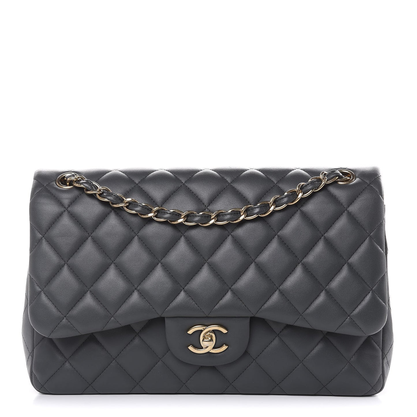 Lambskin Quilted Jumbo Double Flap Grey