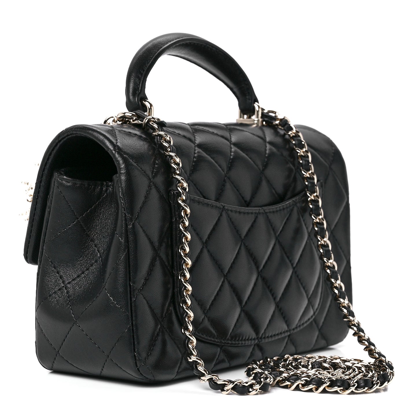 Lambskin Pearl Crystal Quilted Mini CC Lion Charm Top Handle Rectangular Flap Black