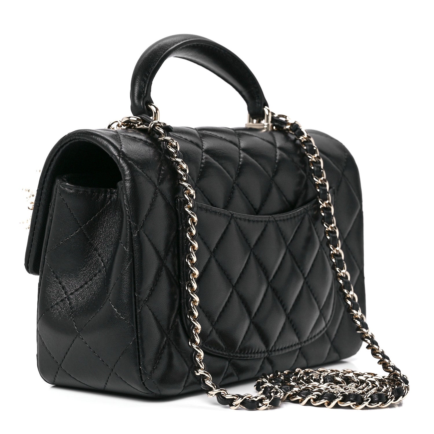 Chanel Lambskin Pearl Crystal Quilted Mini CC Lion Charm Top Handle Rectangular Flap Black 3 of 13
