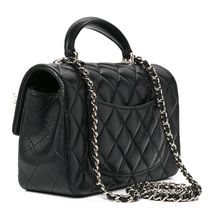 Chanel Lambskin Pearl Crystal Quilted Mini CC Lion Charm Top Handle Rectangular Flap Black 3 of 13