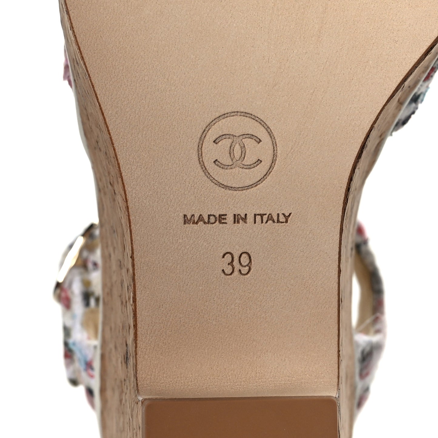 Tweed Cork CC Wedge Sandals 39 Ecru Pink Blue Green