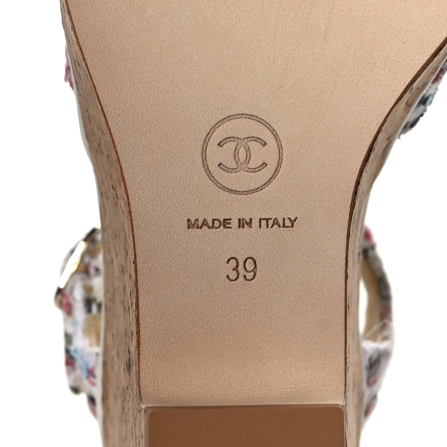 Chanel Tweed Cork CC Wedge Sandals 39 Ecru Pink Blue Green 7 of 7