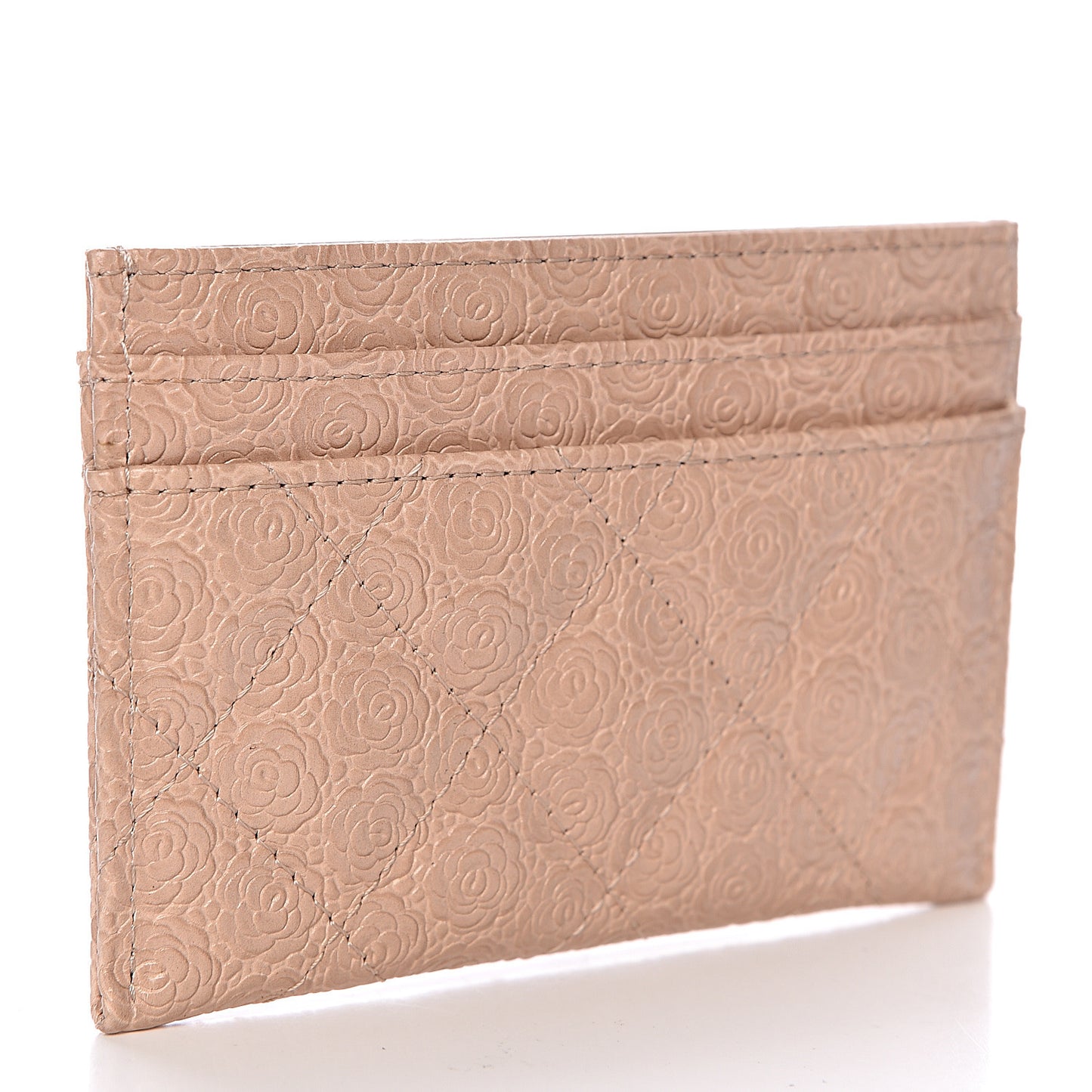 Camellia Calfskin Embossed Quilted Card Holder Beige