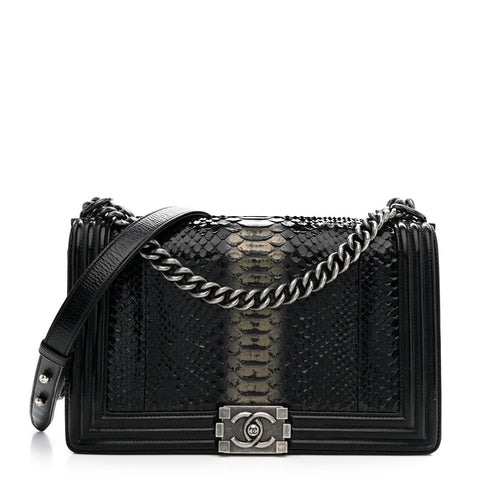 Patent Calfskin Snakeskin New Medium Boy Flap Black Silver