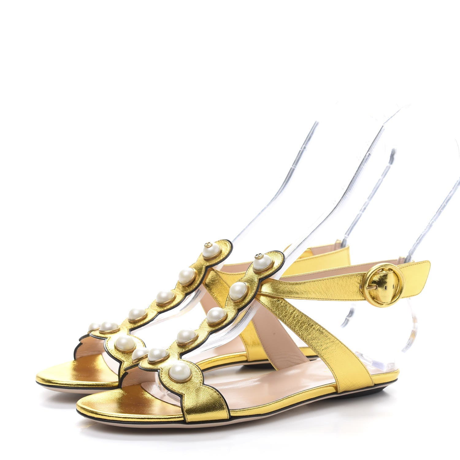 Gucci Metallic Lambskin Willow Pearl Sandals 35.5 Gold 3 of 7