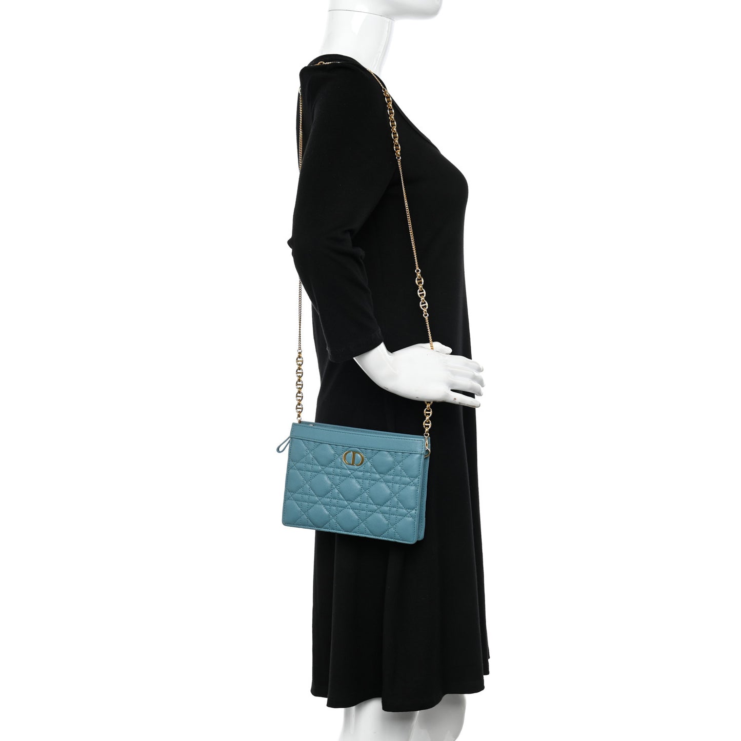 Calfskin Cannage Caro Zipped Pouch With Chain Cloud Blue