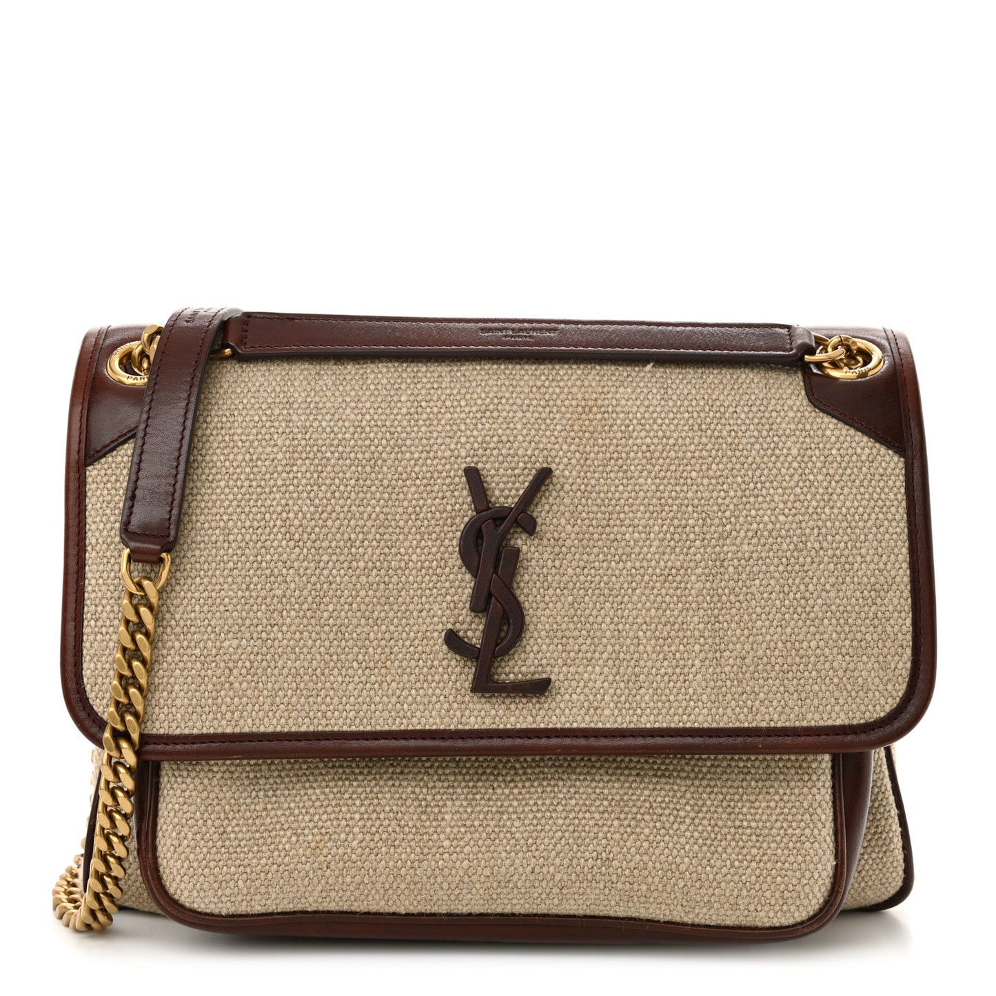 Cotton Canvas Vintage Calfskin Monogram Medium Niki Chain Satchel Natural Chocolate