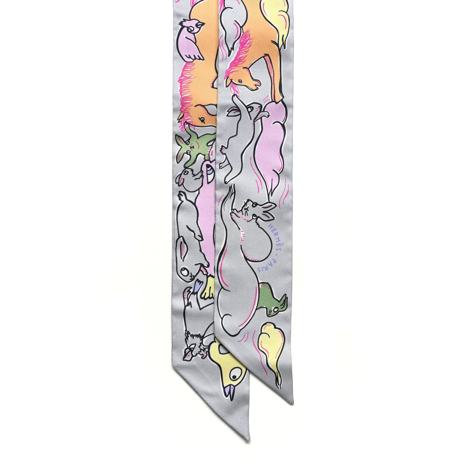 Hermes Silk Mille Et Un Lapins Twilly Gris Perle Rose Jaune 2 of 4