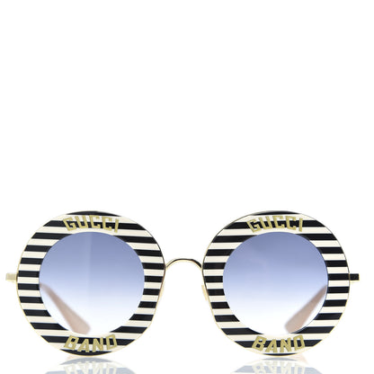 Gucci Metal Acetate Striped Gucci Band Round Frame Sunglasses GG0113S Black White 2 of 7