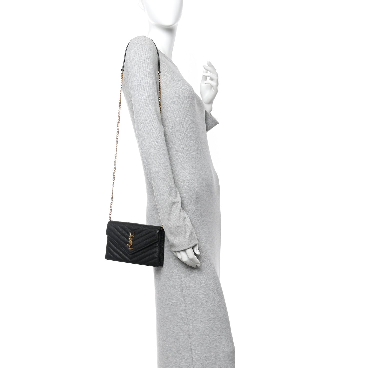 Grain De Poudre Matelasse Chevron Monogram Envelope Chain Wallet Black