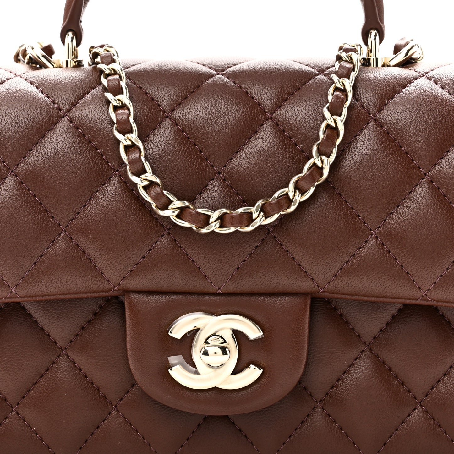 Lambskin Quilted Mini Top Handle Rectangular Flap Dark Brown