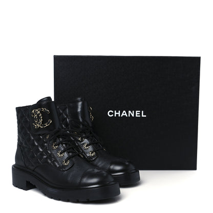 Chanel Shiny Calfskin Quilted Lace Up Combat Boots 37 Black 11 of 11