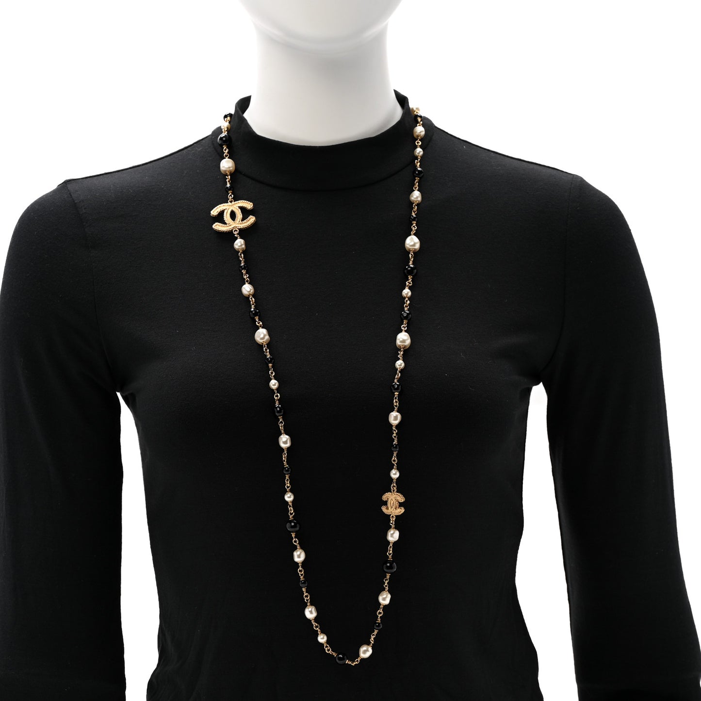 Irregular Pearl Bead CC Long Necklace Black Gold