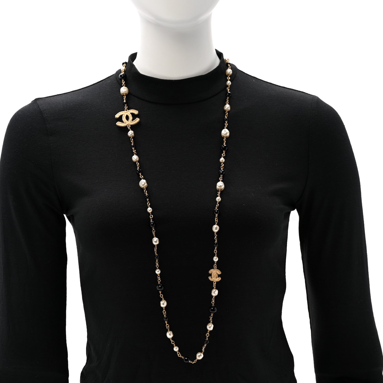 Chanel Irregular Pearl Bead CC Long Necklace Black Gold 2 of 5
