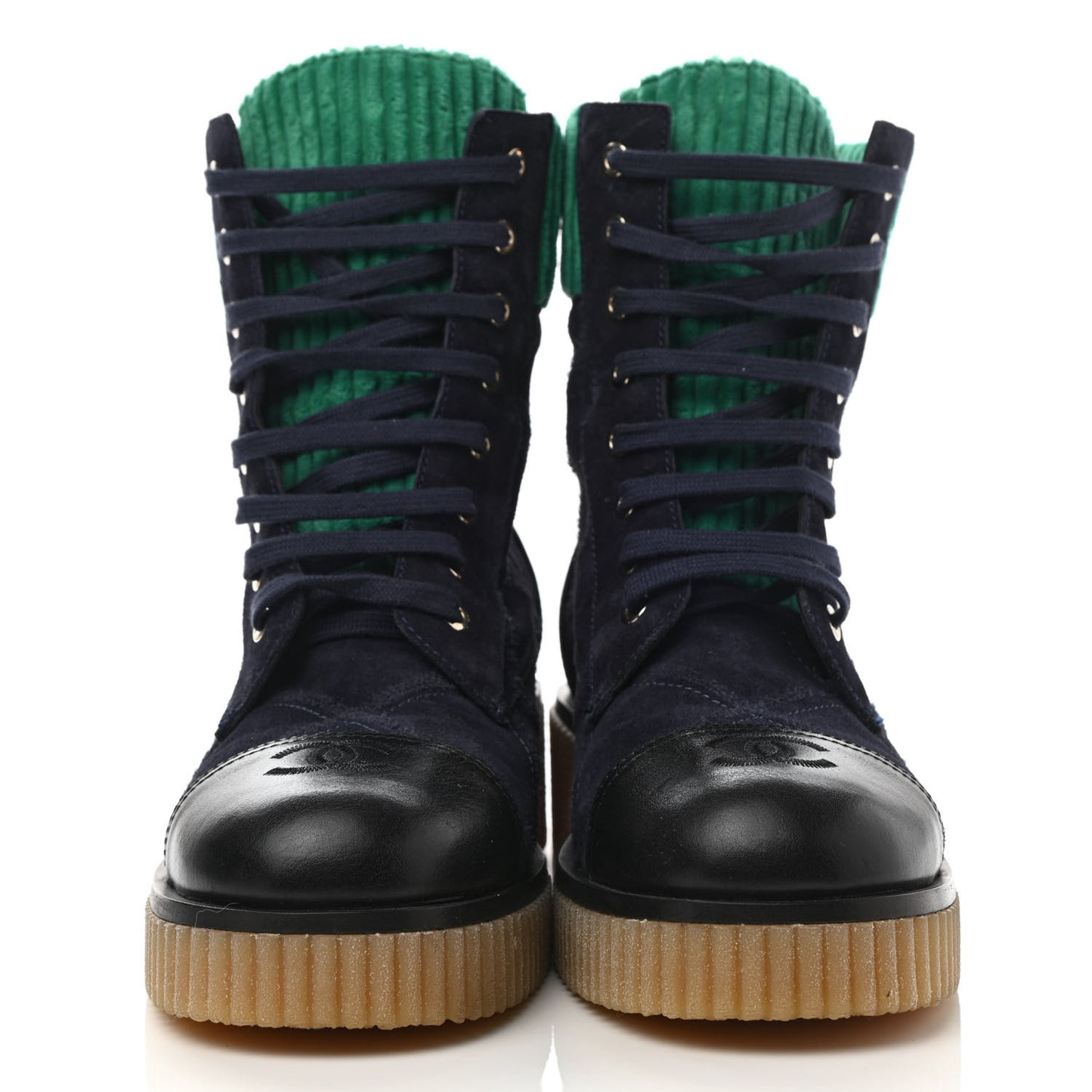 Suede Calfskin Velvet Quilted CC Combat Boots 40 Navy Green Black