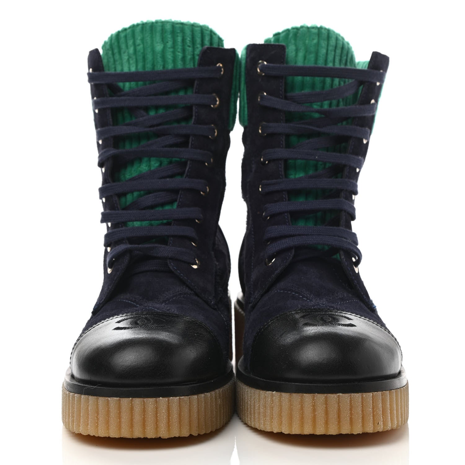 Chanel Suede Calfskin Velvet Quilted CC Combat Boots 40 Navy Green Black 2 of 8