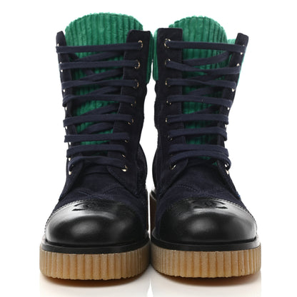 Chanel Suede Calfskin Velvet Quilted CC Combat Boots 40 Navy Green Black 2 of 8