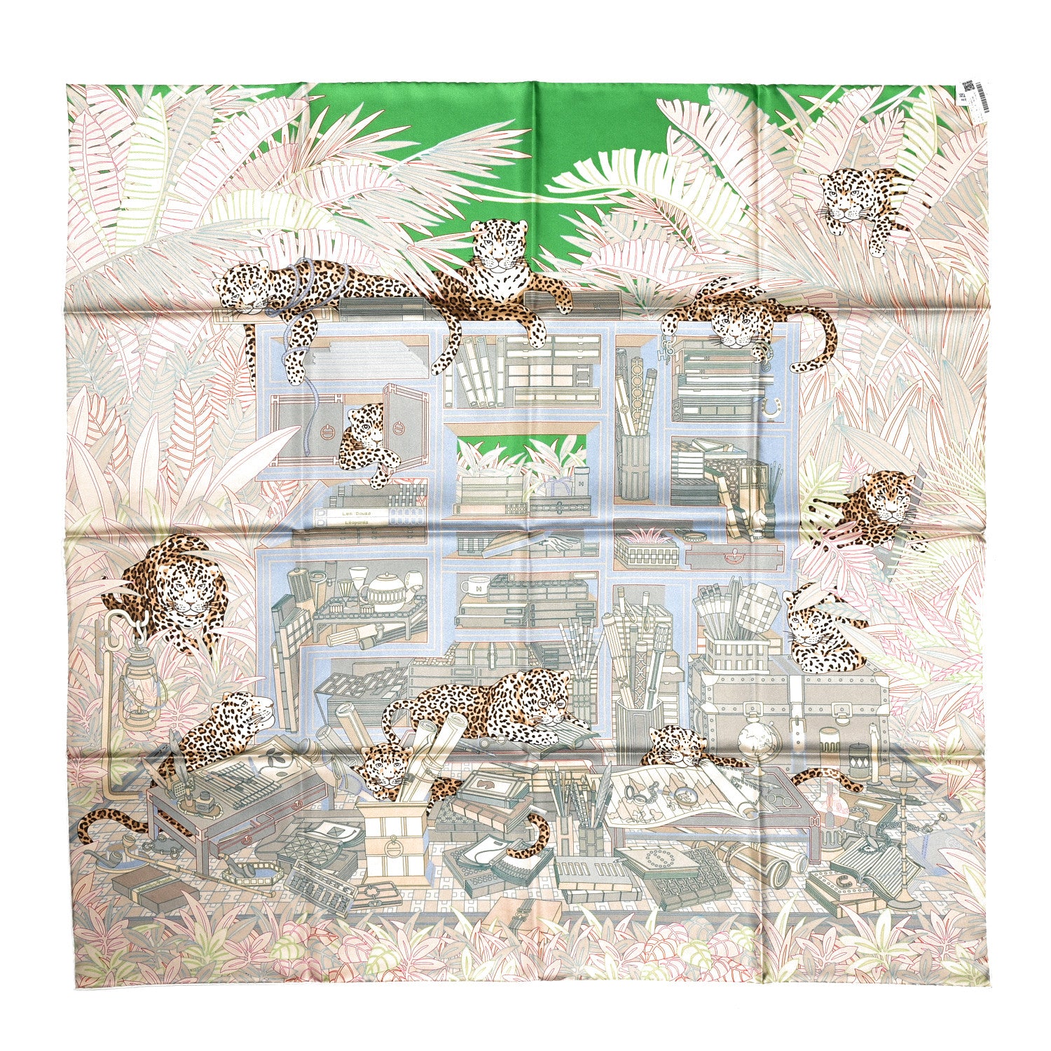 Hermes Silk Les Douze Leopards Scarf 90 Bleu Beige Jaune 5 of 6