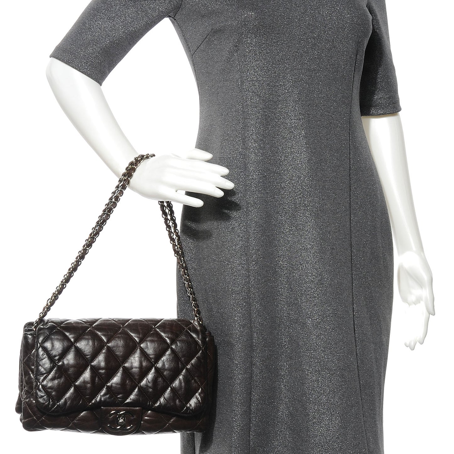Glazed Calfskin Quilted 3 Accordion Flap Dark Brown