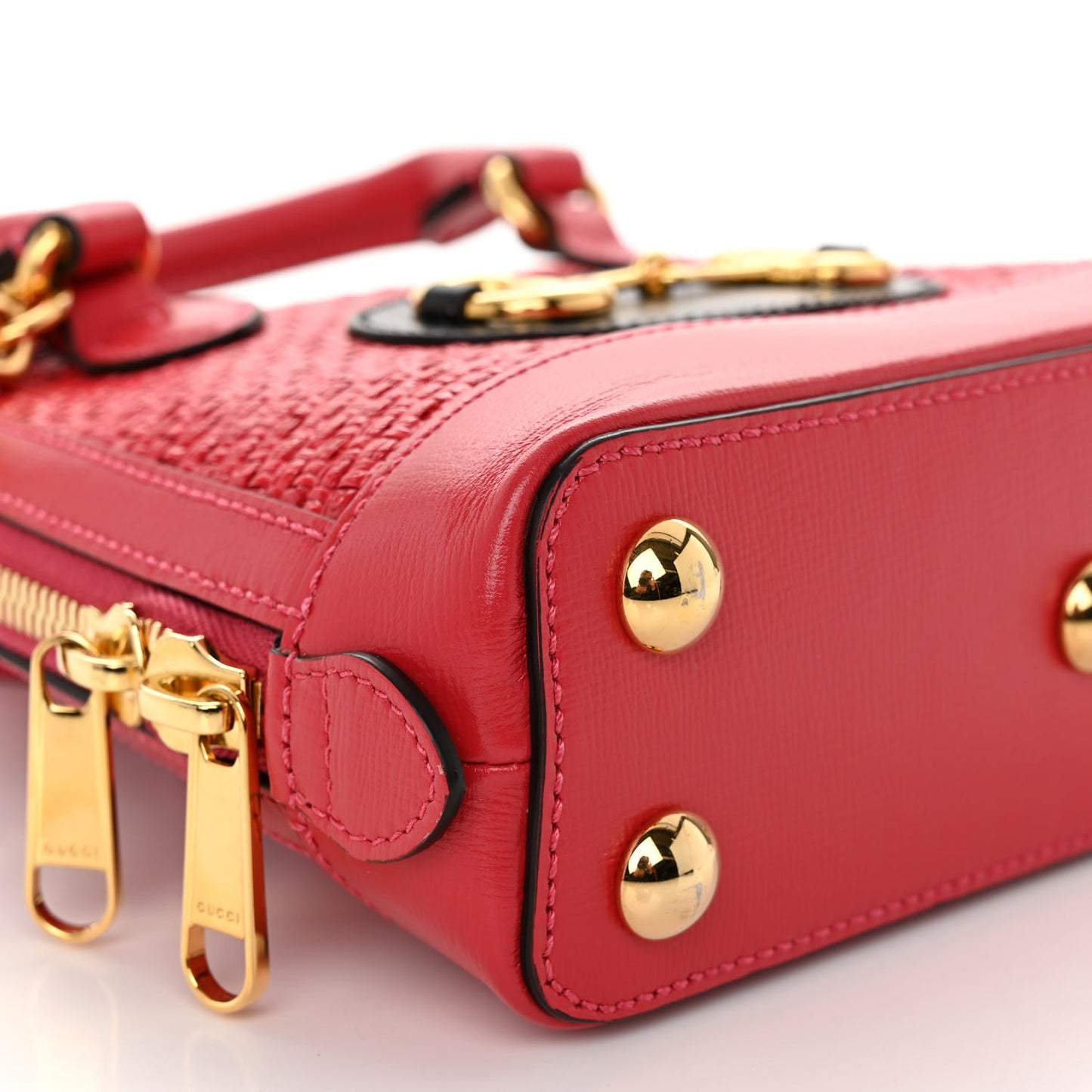 Straw Azalea Calfskin Woven Mini Horsebit 1955 Top Handle Bag Coral Wave Black