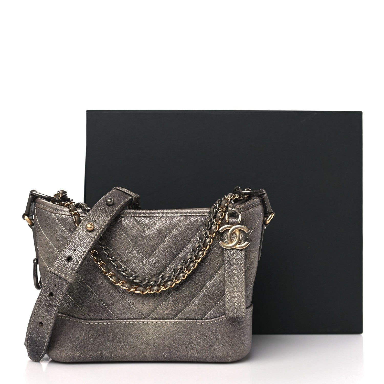 Chanel Metallic Caviar Chevron Quilted Small Gabrielle Hobo Light Silver Gold 11 of 11