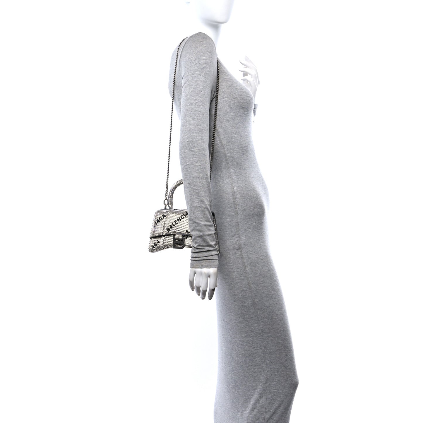 Strass Suede Allover Logo Hourglass Top Handle Bag XS with Chain Silver Black