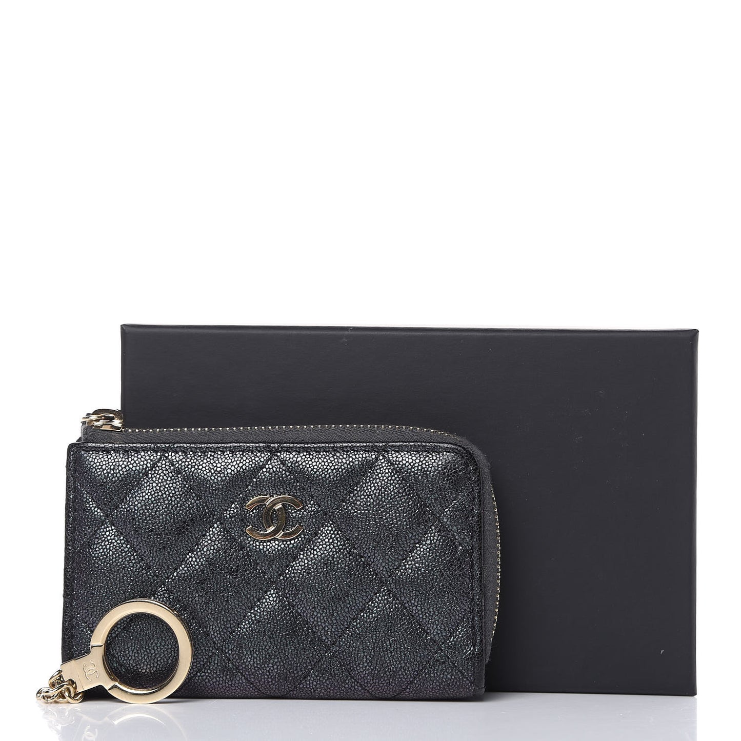 Iridescent Caviar Quilted Zipped Key Holder Case Black